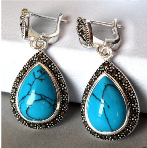 Hot Silver Jewelry Turquoise Marcasite Teardrop Earrings