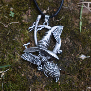 Wiccan Halloween Moon Spider Web Broom Necklace