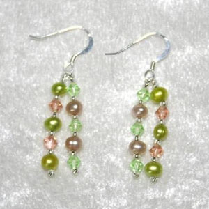 Freshwater Pearl Earrings Lime & Cream Crystal Beads Dangle Fine Gift