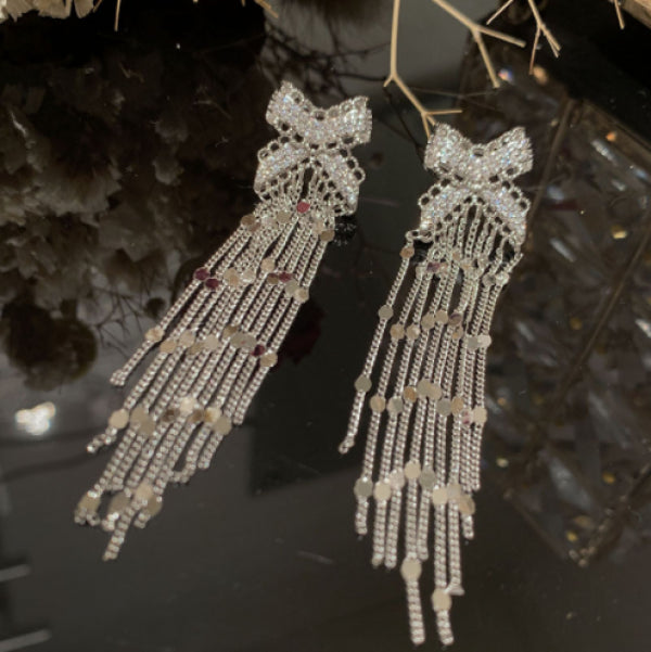 Sequin Bow Earrings with Tassel, S925 Silver Needle