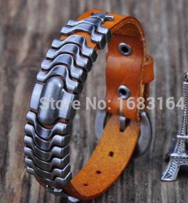 Orange Leather Bracelet Wristband with Studs Men's