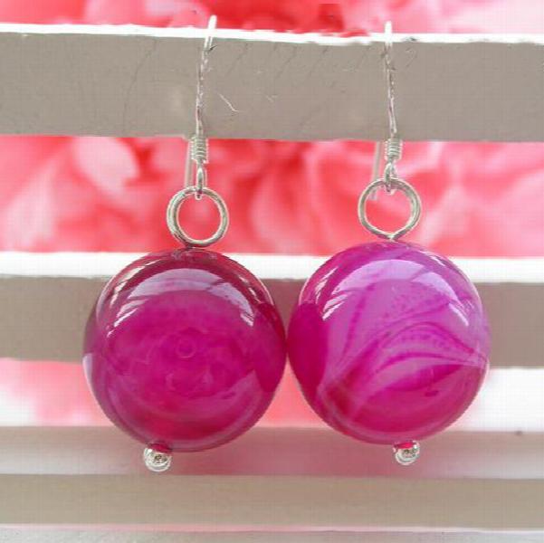 Pink Agate Bead Dangle Earrings S925 Silver Hook Lady Gift