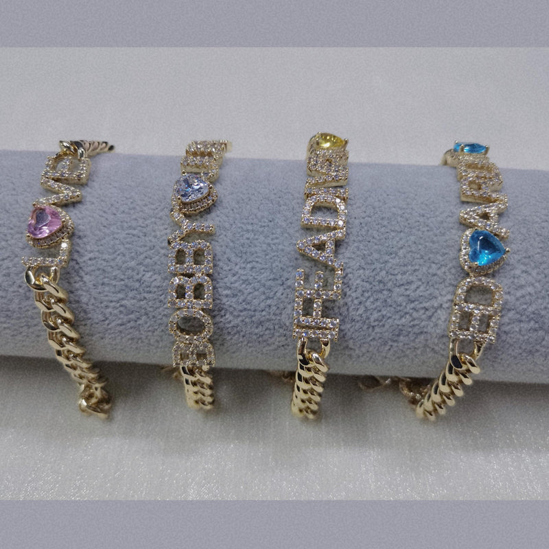 Heart Name Bracelet with Cuban Chain Zircon Chain Name Bracelet Jewelry Gift
