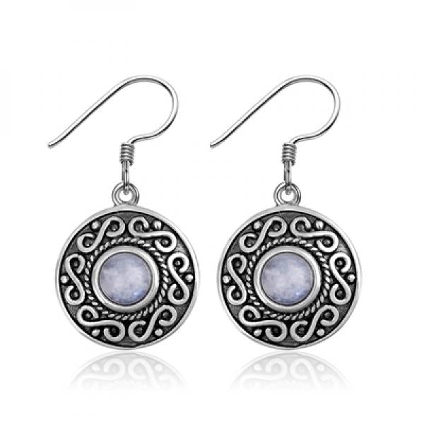 Round Moonstone Earrings 925 Sterling Silver Ethnic Vintage Jewelry