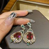 Vintage Curved Feather Ruby Earrings Bridal Water Drop Earrings