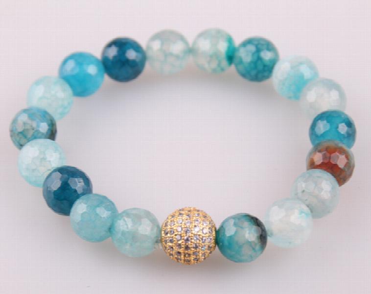 Micro Zircon Pave Ball Faceted Agat Beads Strand Bracelet