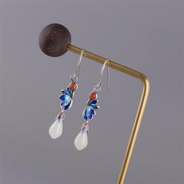Hetian Jade Magnolia Flower Earrings Retro Charm Silver Jewelry