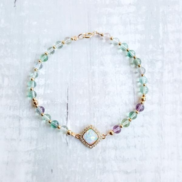 Fluorite Opal Charm Bracelet S925 Silver Clasp Jewelry