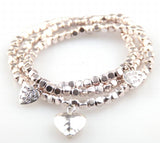 Square Beads 3 Row Bracelet with Heart Charm Alloy Beads Lady Stretch Bracelet