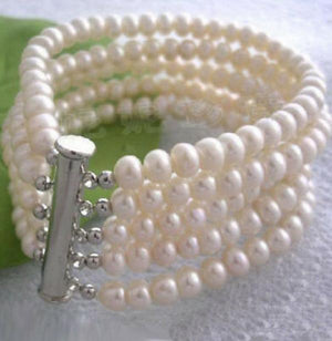 Pearl Plated Slide Clasp Bangle Bracelet - 5 Rows 7-8mm Real Pearls