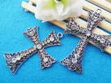 2pcs Antique Silver Cross Pendant Charm, 21 Rhinestones, DIY Accessory