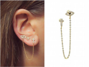 925 Silver Cross Evil Eye Shape Tassel Earrings