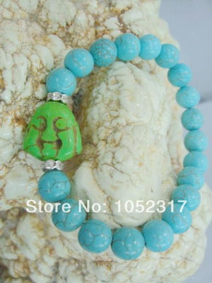 10mm Howlite Bead Green Buddha Head Rhinestone Bracelet