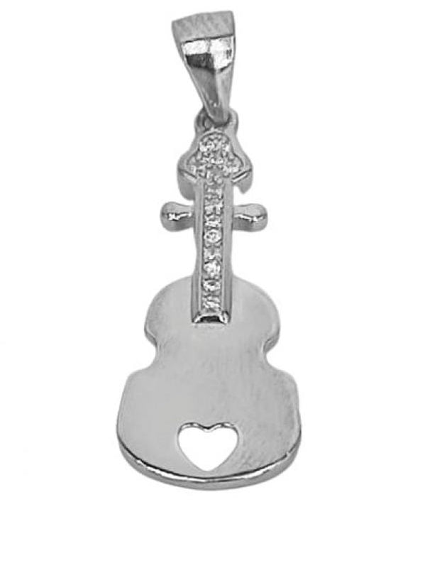925 Silver Guitar & Heart Pendant with Rhodium Zirconia