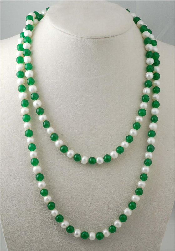 Freshwater Pearl and Green Jade 8mm Necklace 45in