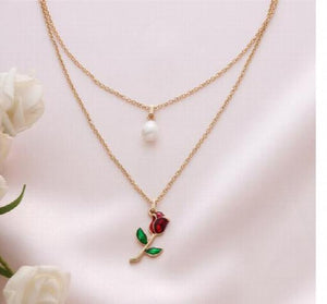 Double Layer Pearl Rose Pendant Necklace Clavicle Chain