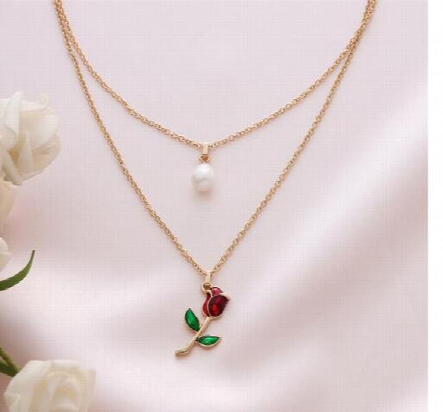 Double Layer Pearl Rose Pendant Necklace Clavicle Chain