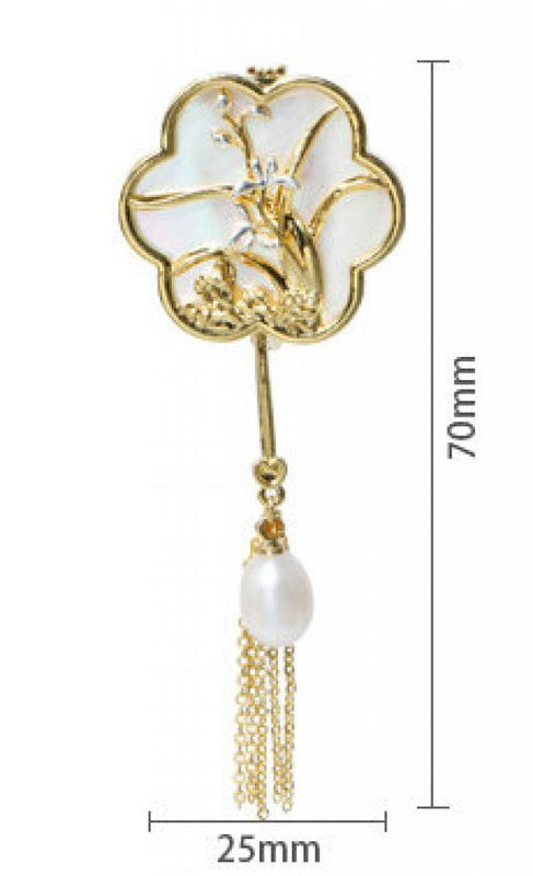 Vintage 14K Plated Pearl Shell Tassel Brooch for Women