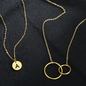 Interlocking Circle Initial Necklace Set, Double Circle Disc Necklace