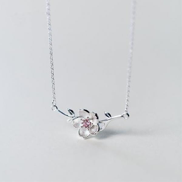 925 Silver Peach Blossom Necklace Pink Zircon Vintage Women Necklaces