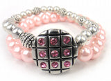 CZ Stone Metal Snap Button Bracelet Double Row Alloy Ball Bead Pearl Beads