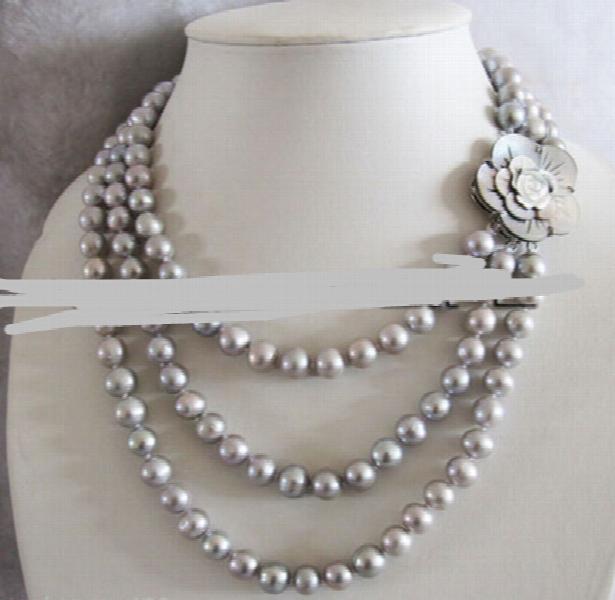 Gray Freshwater Pearl Necklace 3Row Shell Clasp 8-10mm Jewelry