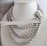Gray Freshwater Pearl Necklace 3Row Shell Clasp 8-10mm Jewelry