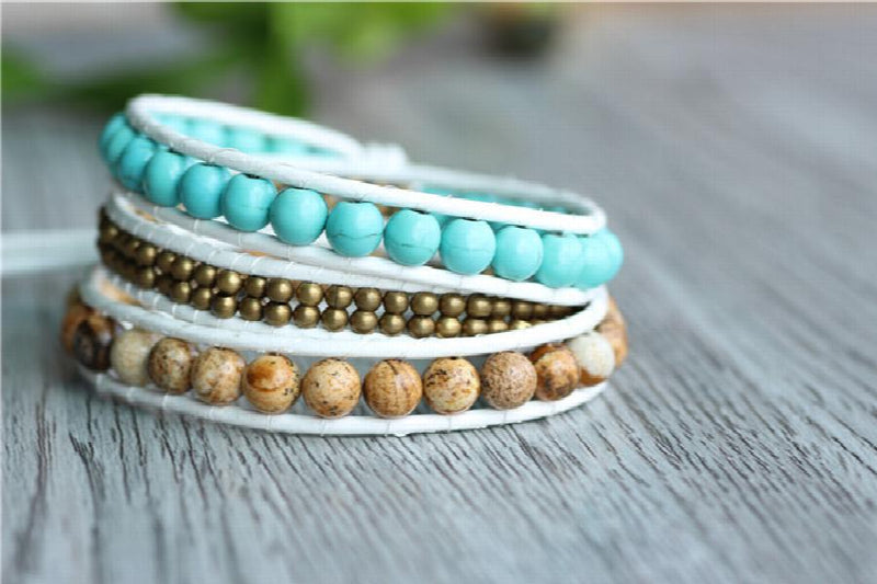 Natural Stone Strand Bracelet,Copper ,Leather Bracelet