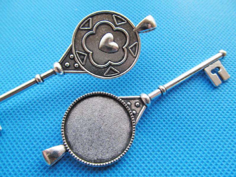 10pcs Heart Key Pendant Charm, Round Base Setting Tray, Fit 25mm Cabochon