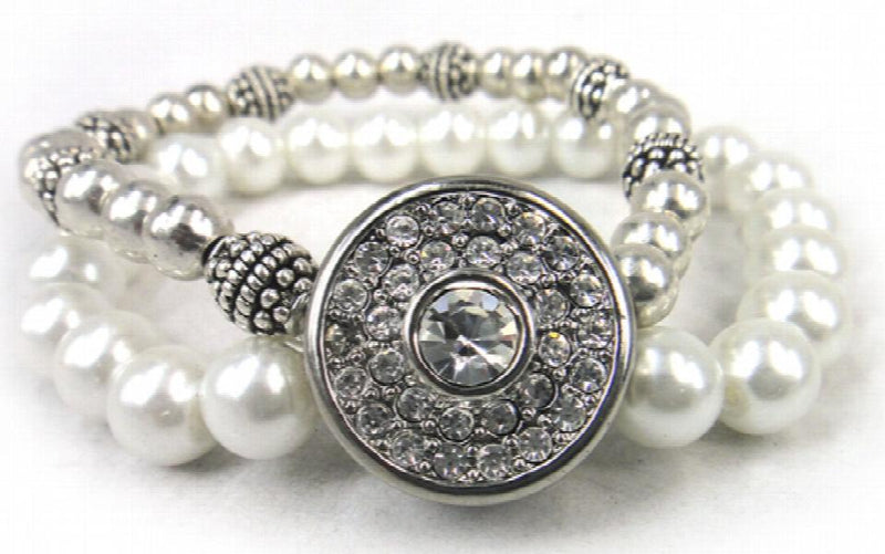 CZ Stone Metal Snap Button Bracelet Double Row Alloy Ball Bead Pearl Beads