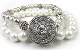 CZ Stone Metal Snap Button Bracelet Double Row Alloy Ball Bead Pearl Beads