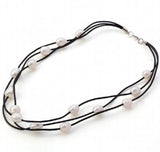 Gray Real Pearl Leather Necklace 3 Strands Choker 10-11mm
