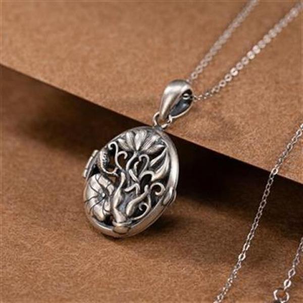 Magnolia Flower Plant Silver Pendant Necklace Retro Pattern Craft