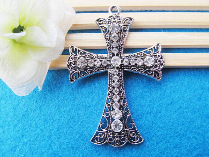 2pcs Antique Silver Cross Pendant Charm, 21 Rhinestones, DIY Accessory