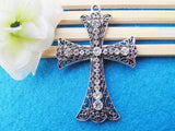 2pcs Antique Silver Cross Pendant Charm, 21 Rhinestones, DIY Accessory