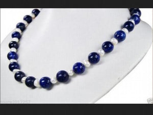 8mm Egyptian Lapis Lazuli & Pearl Necklace 18''