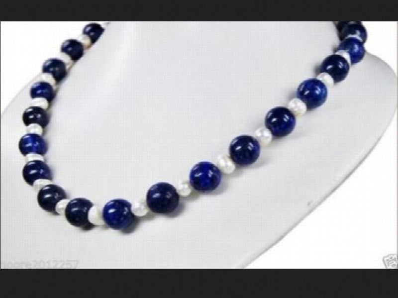 8mm Egyptian Lapis Lazuli & Pearl Necklace 18''