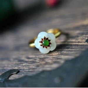 Silver Inlaid Natural Hotan Jade Flower Ring Chinese Court Charm Women's Jewelry