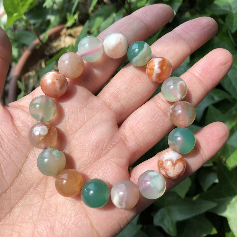 Green Cherry Blossom Stone Bracelet Agate Round Bead Crystal Healing