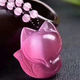 Fox Sweater Chain Necklace with Pink Cat's Eye Stone Pendant
