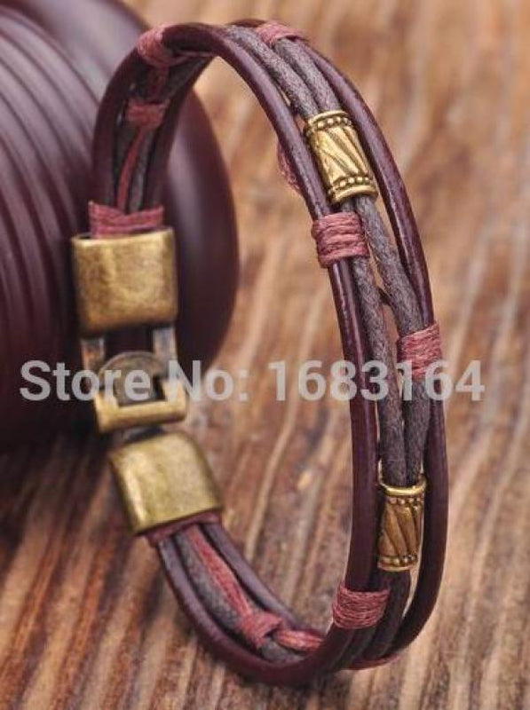 Brown Leather Hemp Braided Surfer Wristband Bracelet Cuff