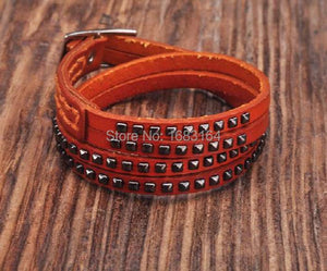 Orange Double Wrap Leather Wristbands Bracelet Cuff Punk