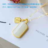 Silver Inlaid Hetian Sheep Fat Jade Square Pendant Necklace