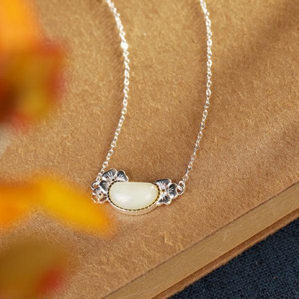 Hetian Jade Oval Pendant Plum S925 Sterling Silver Inlaid with Clavicle Chain