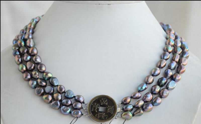 Peacock Baroque Freshwater Pearl Necklace 3 Strands 10mm