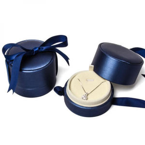 Round Pu Jewelry Box with Ribbon Pendant Ring Wedding Anniversary