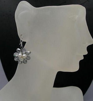 Gray Crystal Pearl Flower Dangle Earrings Custom Order for Bridesmaid