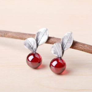 Leaf S925 Sterling Silver Earrings Spring Red Pearl Folk Earrings