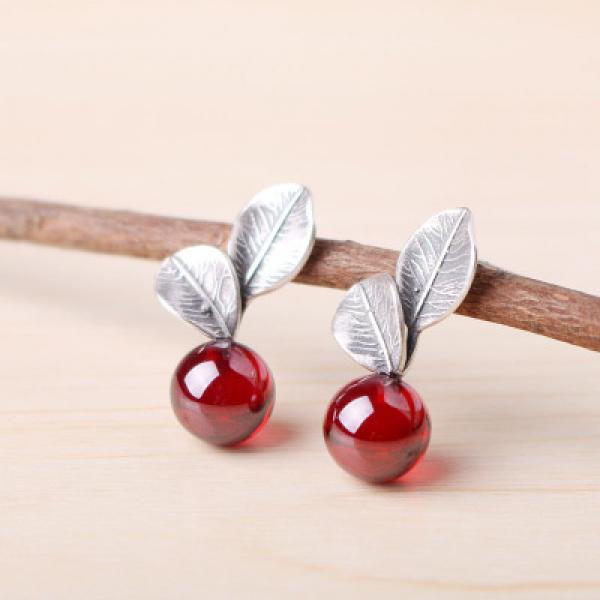 Leaf S925 Sterling Silver Earrings Spring Red Pearl Folk Earrings