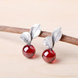 Leaf S925 Sterling Silver Earrings Spring Red Pearl Folk Earrings